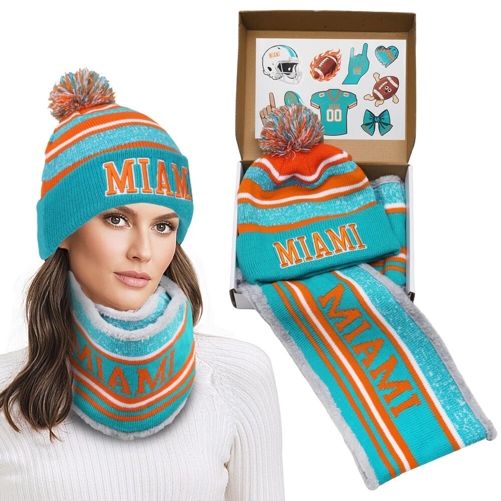 8160 Miami Winter Beanie Hat Circle Scarf Set, Warm Football Knit Beanie